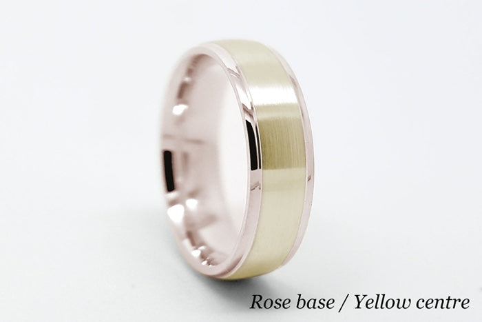 Rose gold wedding ring with yellow center, crafted for style and durability, ideal for weddings and special occasions.
