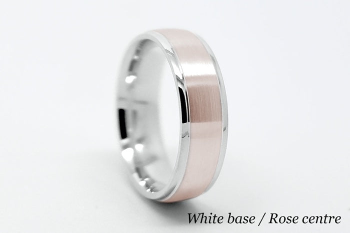 Elegant white gold base wedding ring with rose gold centre, featuring a brushed finish and polished edges, perfect as men's anniversary ring gift.