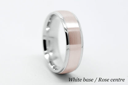 Elegant white gold base wedding ring with rose gold centre, featuring a brushed finish and polished edges, perfect as men's anniversary ring gift.