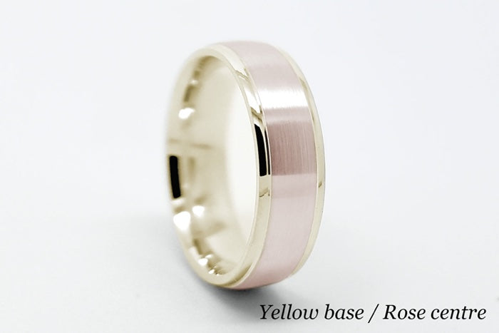 10K 14K 18K Gold wedding ring featuring a yellow base and rose gold centre, 6mm wide with a classic brushed finish and polished edges.