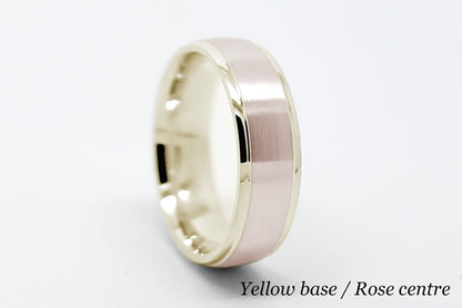 10K 14K 18K Gold wedding ring featuring a yellow base and rose gold centre, 6mm wide with a classic brushed finish and polished edges.