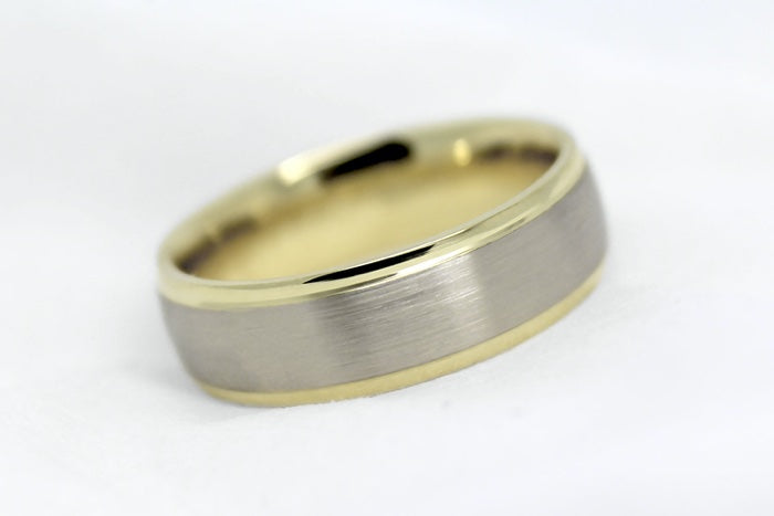 two Tone yellow gold base and white gold centre ring with classic brushed finish