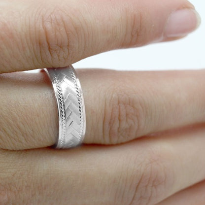 6mm 925 Silver Braided Flat Wedding Band for Men and Women with Milgrain | 6672