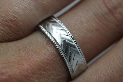 6mm 925 Silver Braided Flat Wedding Band for Men and Women with Milgrain | 6714