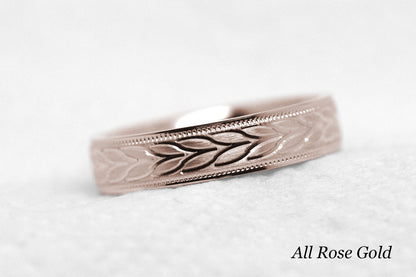 4mm Gold Wedding Band with Leafy Design for Men and Women | AT-6785