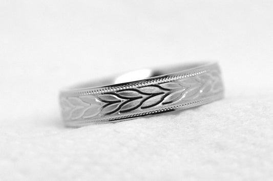 4mm 925 Sterling Silver Wedding Band with Leafy Design for Men and Women | AT-6785