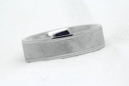 6mm 925 Silver Circular Brush Flat Wedding Band for Men and Women with Milgrain | 6786