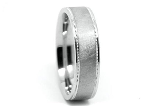 6mm 925 Silver Circular Brush Flat Wedding Band for Men and Women with Milgrain | 6786
