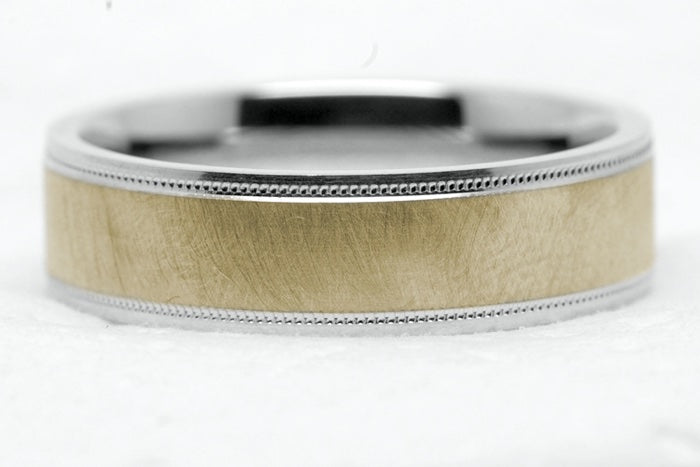 6mm Gold Ice Finish Flat Wedding Band for Men with Milgrain | 6786