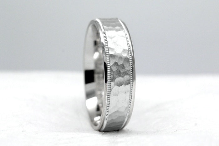6mm 925 Silver Hammered Wedding Band for Men and Women with Milgrain | 8008