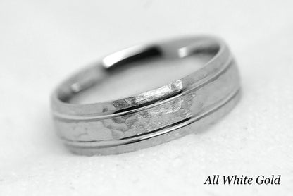 Solid gold hammered wedding ring for men and women with polished lines. Handcrafted in white gold base and white gold lines