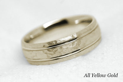 Solid gold hammered wedding ring for men and women with polished lines. Handcrafted in yellow gold base and yellow gold lines