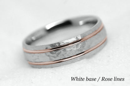 Solid gold hammered wedding ring for men and women with polished lines. Handcrafted in white gold base and rose gold lines