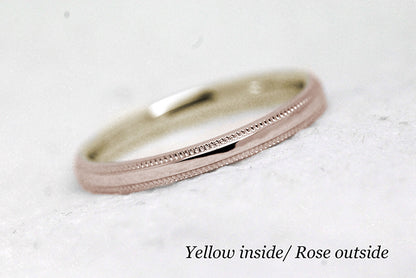 2mm Solid Gold Women's Wedding Ring Simple Milgrain Edge | Elegant and classic 2 mm solid two tone gold ring with milgrain. Crafted with precision last a lifetime. Stack it with other rings or wear it alone.
